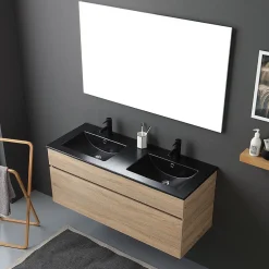 Ensemble Meuble De Salle De Bains|Kiamami Valentina Meuble De Salle De Bain Mobile 120 Cm En Chêne Naturel Avec Double Lavabo Noir Mat - Soleil