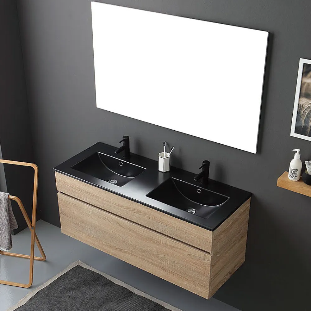 Ensemble Meuble De Salle De Bains|Kiamami Valentina Meuble De Salle De Bain Mobile 120 Cm En Chêne Naturel Avec Double Lavabo Noir Mat - Soleil