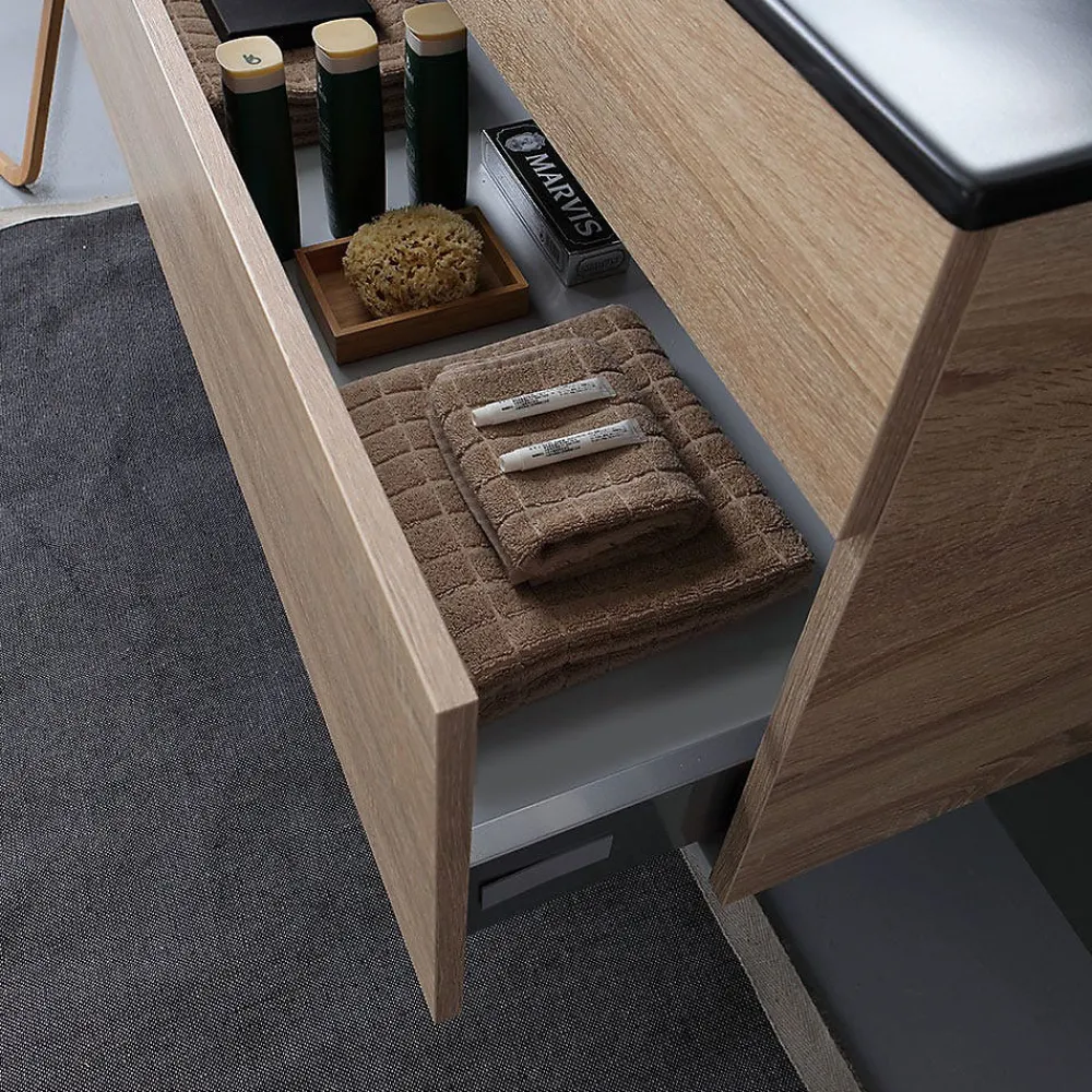 Ensemble Meuble De Salle De Bains|Kiamami Valentina Meuble De Salle De Bain Mobile 120 Cm En Chêne Naturel Avec Double Lavabo Noir Mat - Soleil