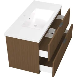 Meuble Vasque|AICA Sanitaire Meuble de salle de bain mural 100 cm Noyer - 2 tiroirs + Lavabo Céramique,