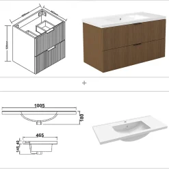 Meuble Vasque|AICA Sanitaire Meuble de salle de bain mural 100 cm Noyer - 2 tiroirs + Lavabo Céramique,