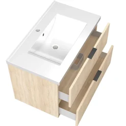 Meuble Vasque|AICA Sanitaire Meuble de salle de bain mural 80 cm Chêne - 2 tiroirs + Lavabo Céramique,