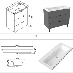 Meuble Vasque|AICA Sanitaire Meuble de salle de bain mural avec pieds 100 cm Anthracite - 3 tiroirs, lavabo (jointless & résistant),