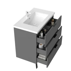AICA Sanitaire Meuble de salle de bain mural avec pieds Anthracite 80 cm - 3 tiroirs, lavabo inclus,