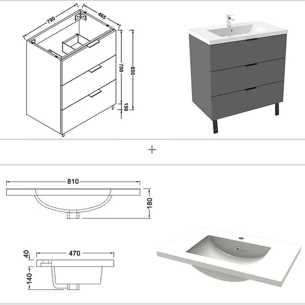 AICA Sanitaire Meuble de salle de bain mural avec pieds Anthracite 80 cm - 3 tiroirs, lavabo inclus,