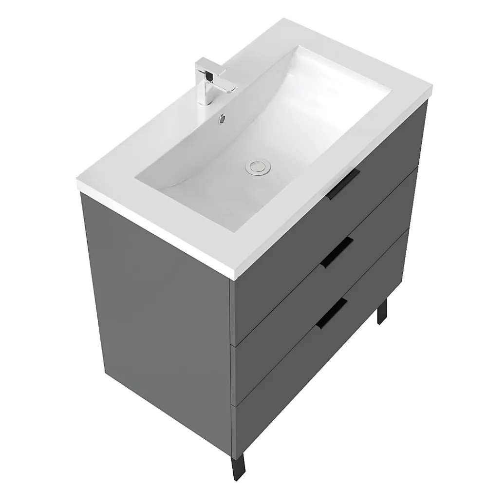 AICA Sanitaire Meuble de salle de bain mural avec pieds Anthracite 80 cm - 3 tiroirs, lavabo inclus,