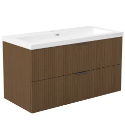 Meuble Vasque|AICA Sanitaire Meuble de salle de bain mural 100 cm Noyer - 2 tiroirs, lavabo (jointless & résistant),