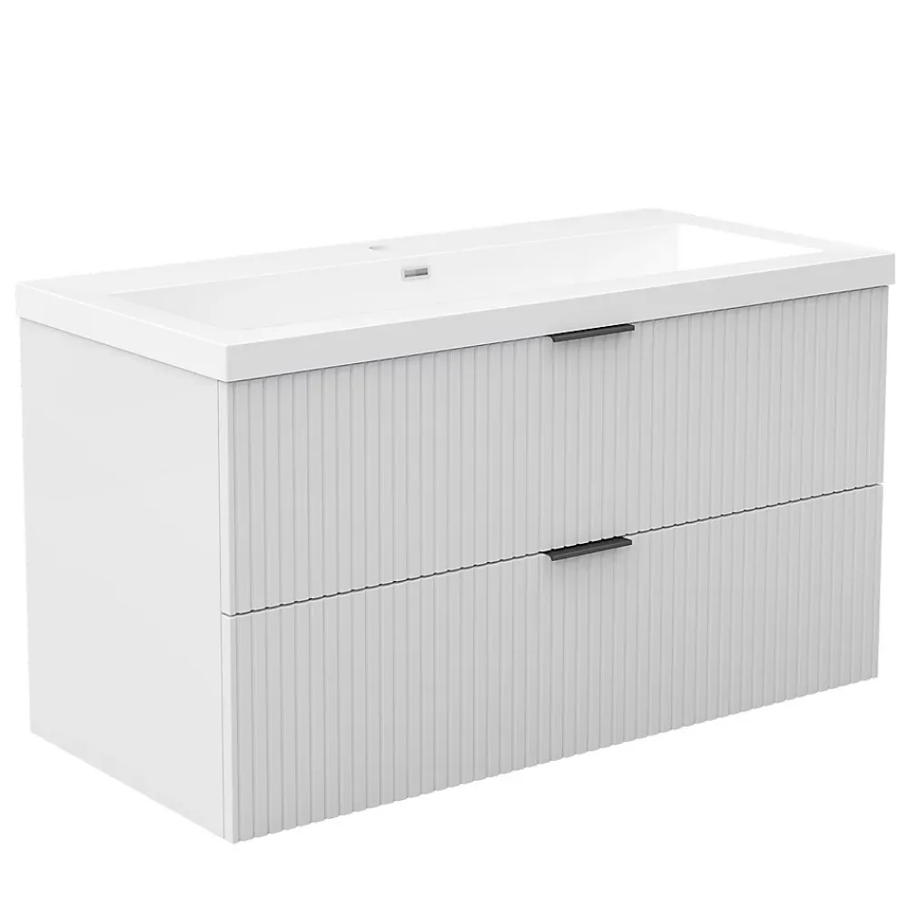 AICA Sanitaire Meuble de salle de bain mural 100 cm Blanc - 2 tiroirs, lavabo (jointless & résistant),
