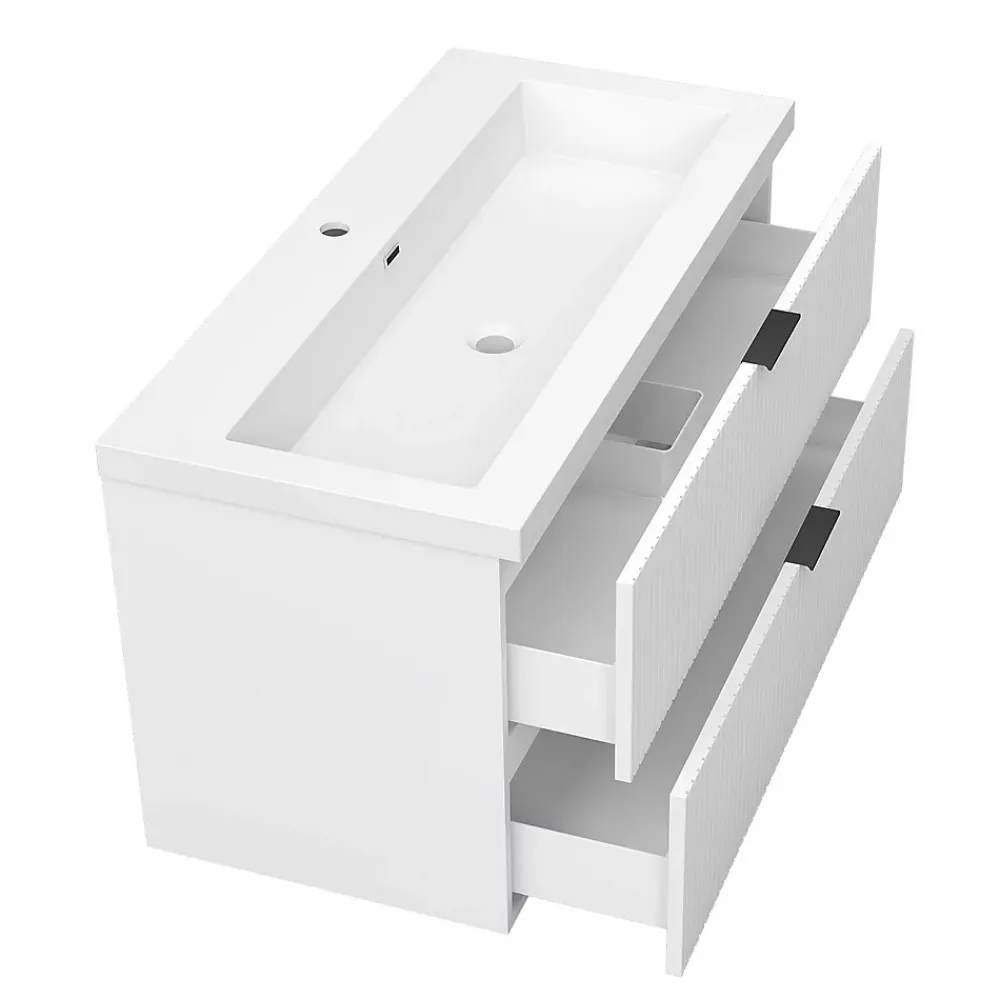 AICA Sanitaire Meuble de salle de bain mural 100 cm Blanc - 2 tiroirs, lavabo (jointless & résistant),