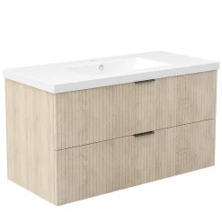 Meuble Vasque|AICA Sanitaire Meuble de salle de bain mural Chêne 100 cm - 2 tiroirs, lavabo inclus,