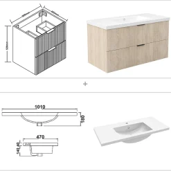 Meuble Vasque|AICA Sanitaire Meuble de salle de bain mural Chêne 100 cm - 2 tiroirs, lavabo inclus,