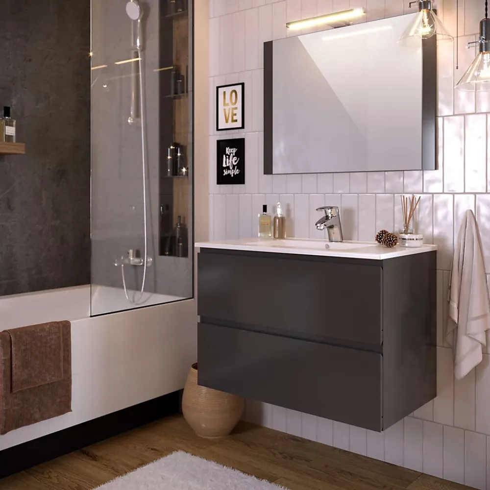 T-Bath Meuble de salle de bain NELI 2 tiroirs 80 cm anthracite Inclus lavabo, miroir et applique LED