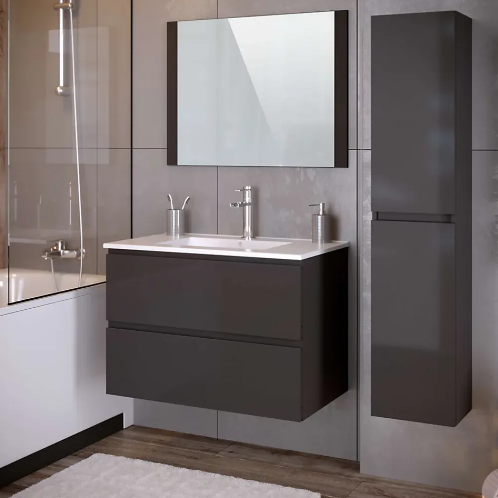 T-Bath Meuble de salle de bain NELI 2 tiroirs 80 cm anthracite Inclus lavabo, miroir et applique LED