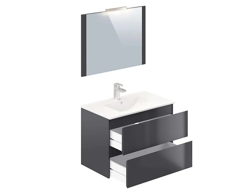 T-Bath Meuble de salle de bain NELI 2 tiroirs 80 cm anthracite Inclus lavabo, miroir et applique LED