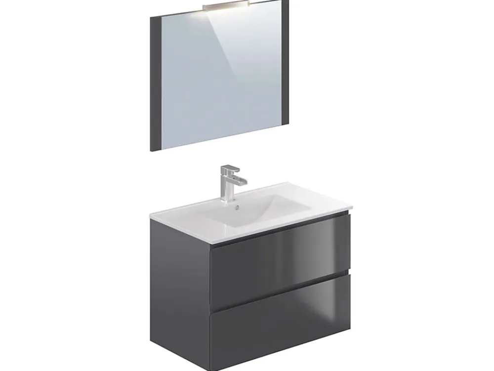T-Bath Meuble de salle de bain NELI 2 tiroirs 80 cm anthracite Inclus lavabo, miroir et applique LED