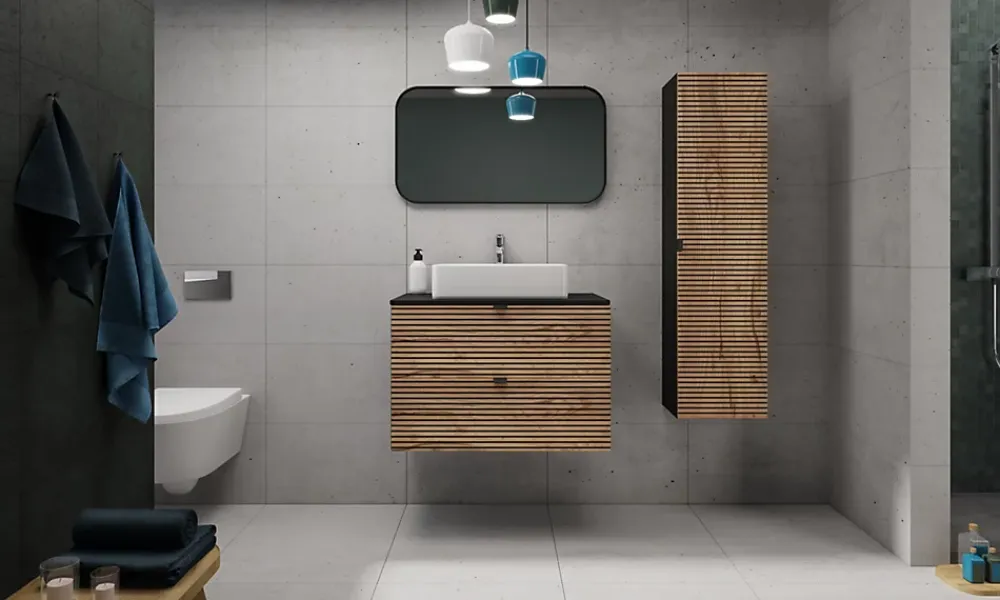 Lave-Mains|3xE Living Meuble de salle de bain, Noir Mat, 80 x 57 x 46 cm