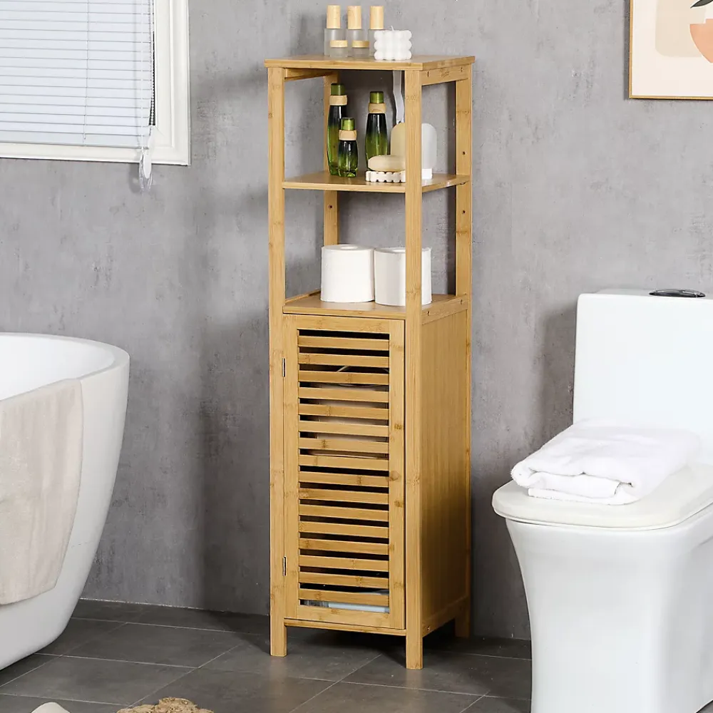 Meuble Wc|ProximaX Meuble de salle de bain réglable en hauteur, meuble de salle de bain en bambou, avec deux étagères ouvertes, bois naturel
