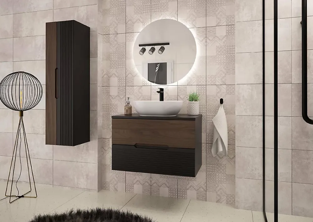 Meuble Sous Lavabo|Furnidea Meuble de salle de bain sous vasque suspendu AVELLA noyer et noir 80 cm