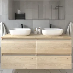Cosyneo Meuble de salle de bain sans miroir avec vasques à poser arrondie BALEA - Bambou (chêne clair) - 120cm