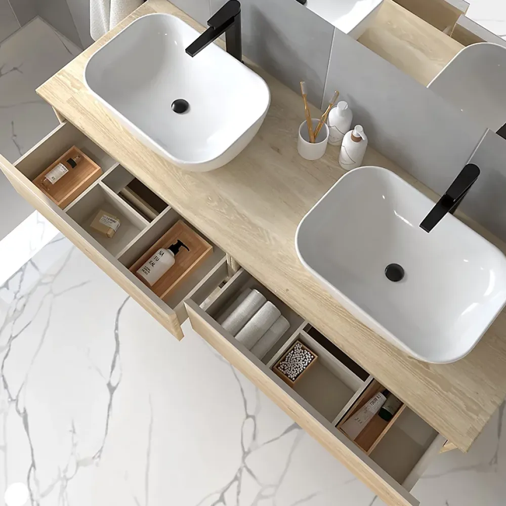 Cosyneo Meuble de salle de bain sans miroir avec vasques à poser arrondie BALEA - Bambou (chêne clair) - 120cm