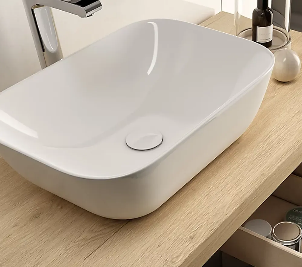 Cosyneo Meuble de salle de bain sans miroir avec vasques à poser arrondie BALEA - Bambou (chêne clair) - 120cm