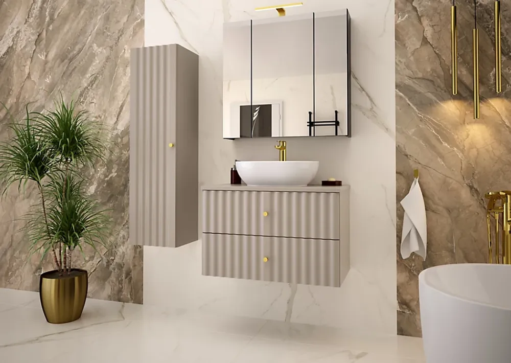 Meuble Sous Lavabo|Furnidea Meuble de salle de bain sous vasque suspendu AQUA cachemire 80 cm façades rainurées