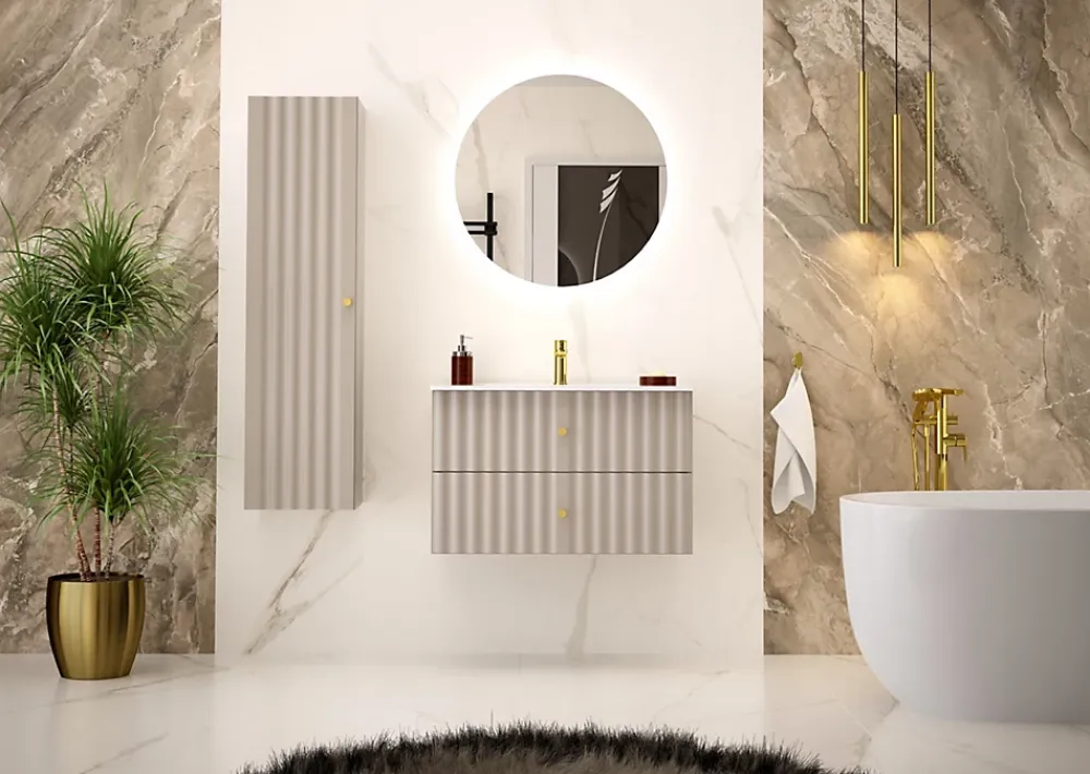 Meuble Sous Lavabo|Furnidea Meuble de salle de bain sous vasque suspendu AQUA cachemire 80 cm façades rainurées