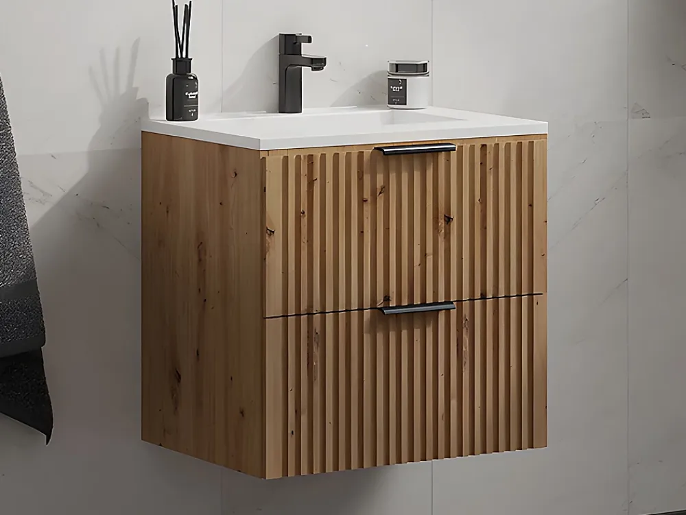 Meuble Vasque|Vente-unique Meuble de salle de bain suspendu strié avec vasque à encastrer - Naturel clair - 60 cm - ZEVARA
