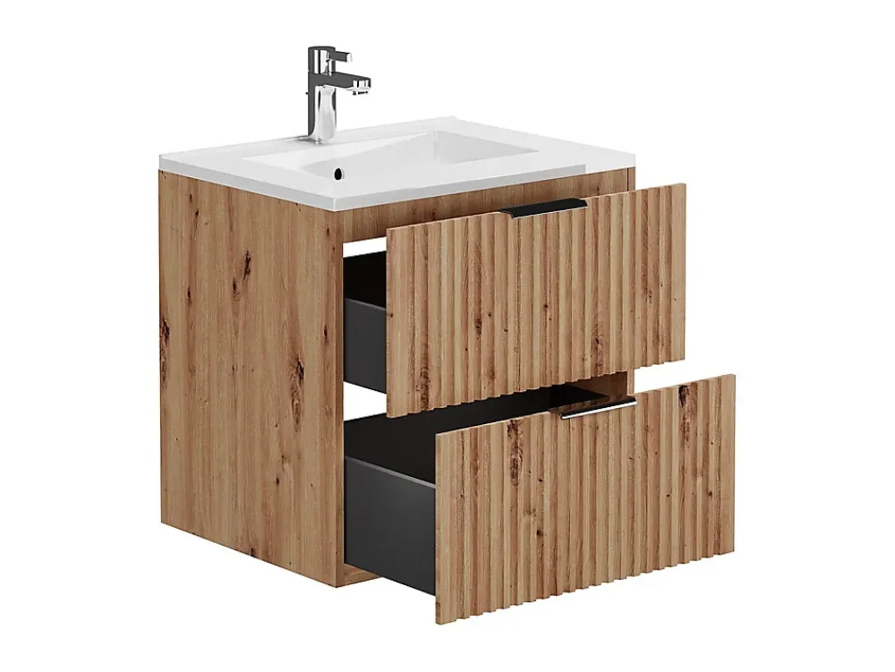 Meuble Vasque|Vente-unique Meuble de salle de bain suspendu strié avec vasque à encastrer - Naturel clair - 60 cm - ZEVARA