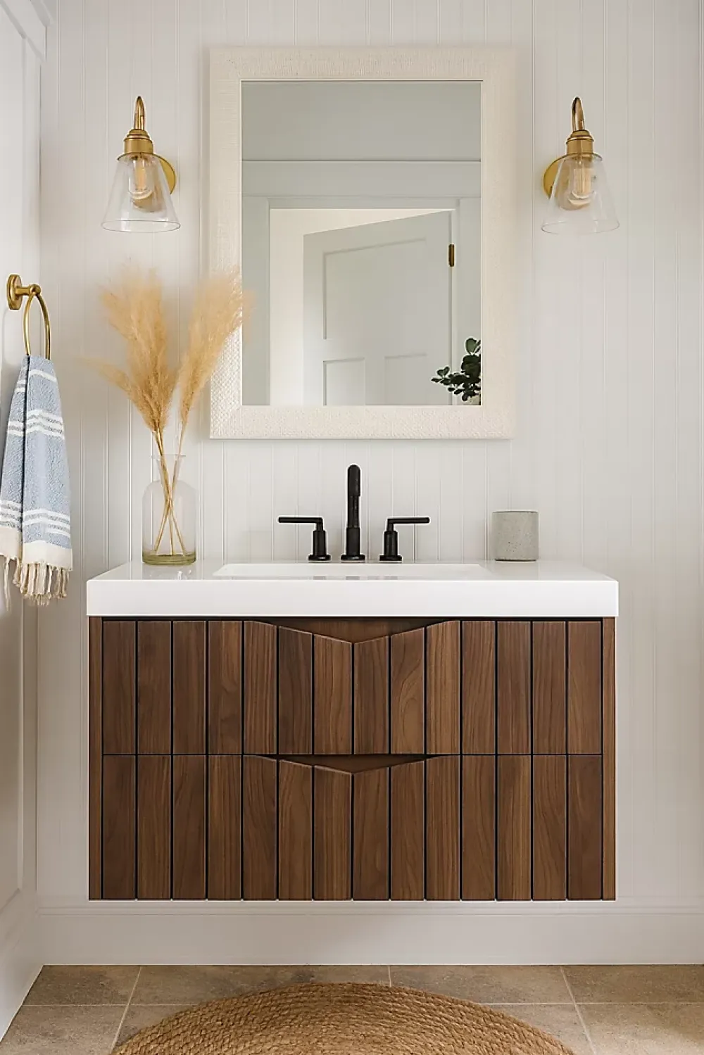 Furnidea Meuble de salle de bain sous vasque suspendu STELLA coloris noyer 80 cm façades rainurées