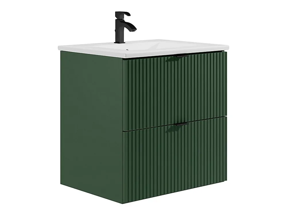 Vente-unique Meuble de salle de bain suspendu strié avec vasque à encastrer - Vert mat - 60 cm - ZEVINI