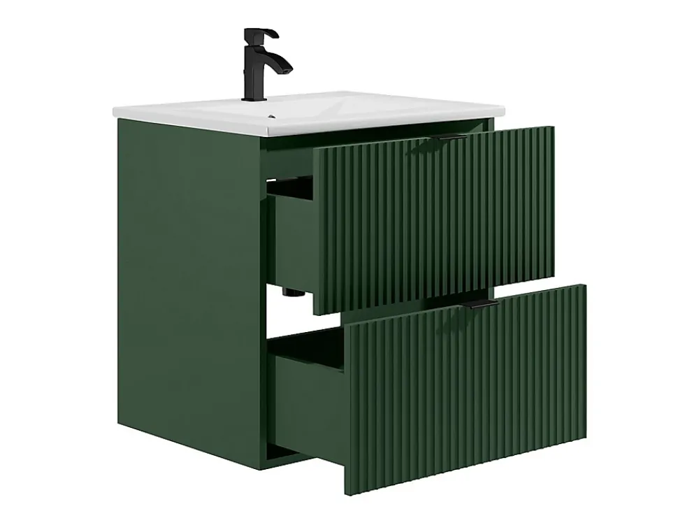 Vente-unique Meuble de salle de bain suspendu strié avec vasque à encastrer - Vert mat - 60 cm - ZEVINI
