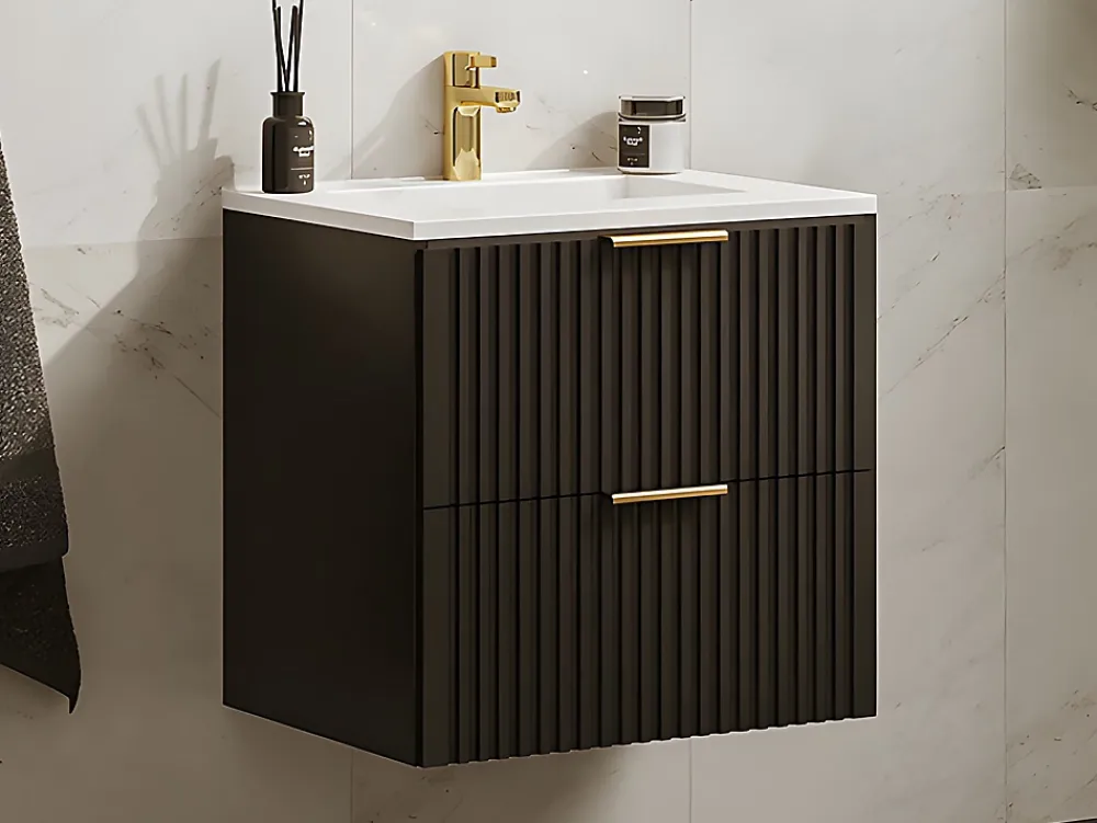 Vente-unique Meuble de salle de bain suspendu strié avec vasque à encastrer - Noir - 60 cm - ZEVARA