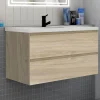 AICA Sanitaire Meuble de salle de bain suspendre avec vasque 2 tiroirs fermeture amortie, meuble de rangement bois clair, 100cm