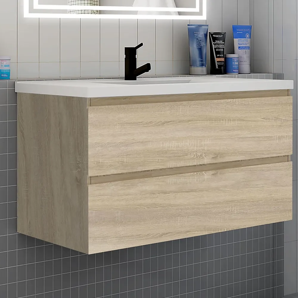 AICA Sanitaire Meuble de salle de bain suspendre avec vasque 2 tiroirs fermeture amortie, meuble de rangement bois clair, 100cm