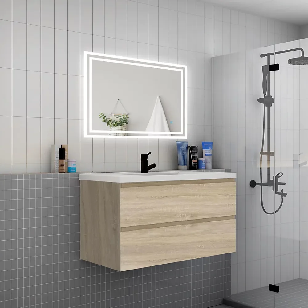 AICA Sanitaire Meuble de salle de bain suspendre avec vasque 2 tiroirs fermeture amortie, meuble de rangement bois clair, 100cm