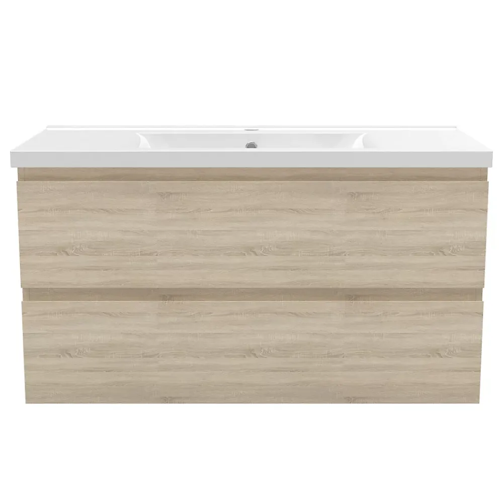 AICA Sanitaire Meuble de salle de bain suspendre avec vasque 2 tiroirs fermeture amortie, meuble de rangement bois clair, 100cm