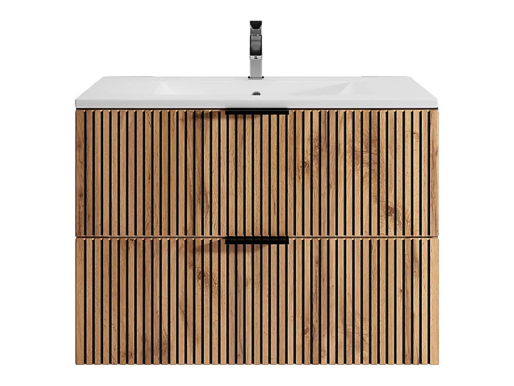 Meuble Vasque|Vente-unique Meuble de salle de bain suspendu avec vasque à encastrer - Naturel clair et noir - 80 cm - MADELA