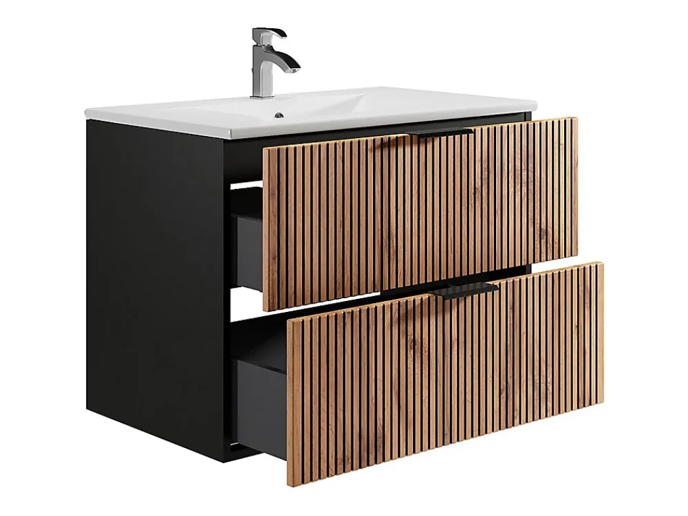 Meuble Vasque|Vente-unique Meuble de salle de bain suspendu avec vasque à encastrer - Naturel clair et noir - 80 cm - MADELA