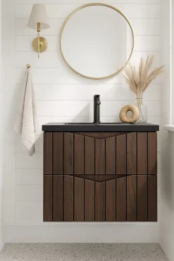 Furnidea Meuble de salle de bain sous vasque suspendu STELLA coloris noyer 60 cm façades rainurées