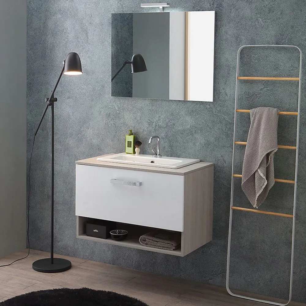 Ensemble Meuble De Salle De Bains|Kiamami Valentina Meuble De Salle De Bain Suspendu Lotto 80Cm Chêne Gris Avec Façade Blanche Et Lavabo Au-Dessus