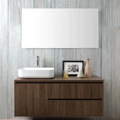 Kiamami Valentina Meuble De Salle De Bain Suspendu 120Cm, Porte Et 2 Tiroirs En Noyer Foncé, Lavabo À Poser Et Miroir 120X70 - Siena