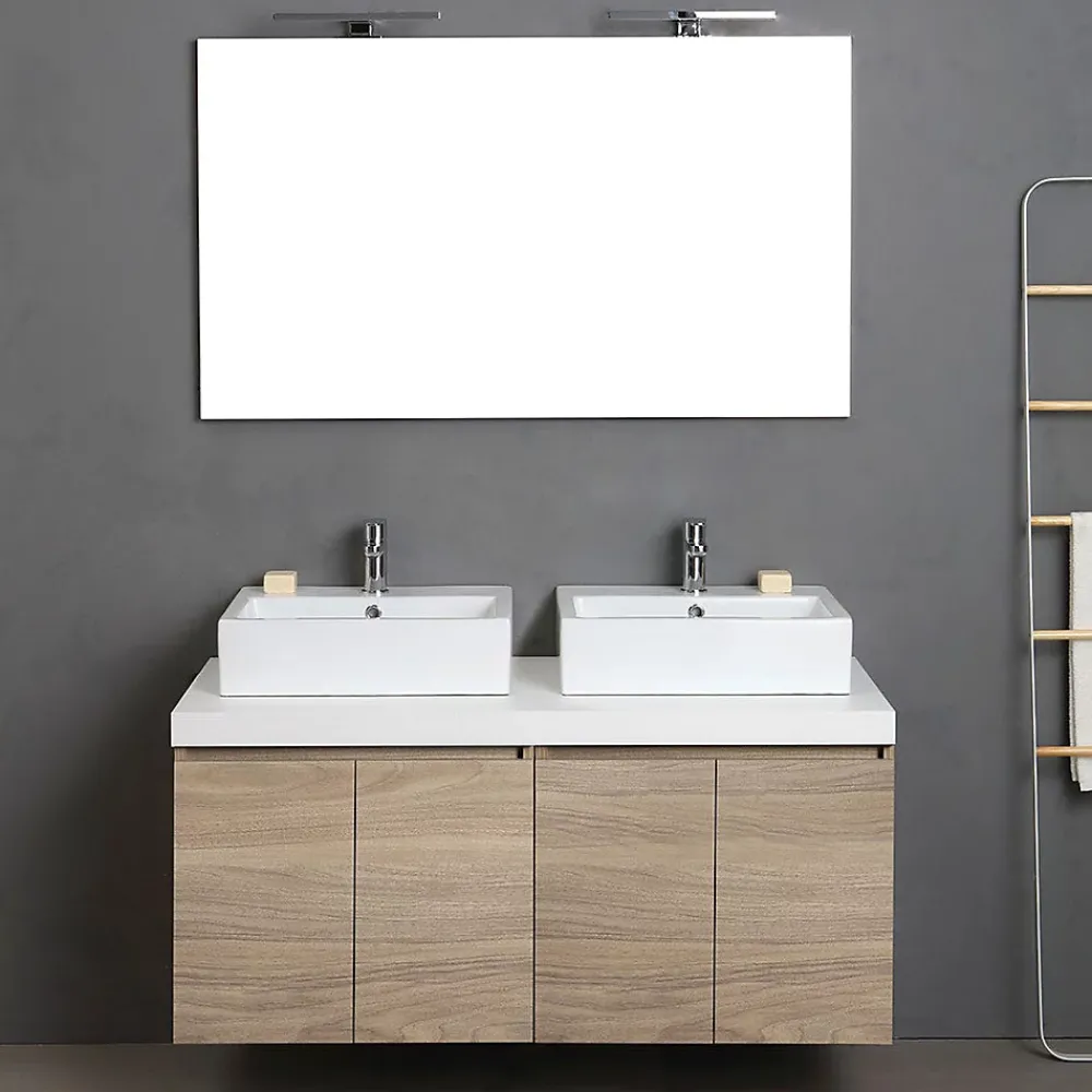 Ensemble Meuble De Salle De Bains|Kiamami Valentina Meuble De Salle De Bain Suspendu 4 Portes Chêne Naturel, Plateau Blanc, 2 Lavabos Décoratifs Et Miroir Avec Lampe - Valentina