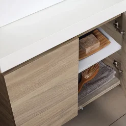 Ensemble Meuble De Salle De Bains|Kiamami Valentina Meuble De Salle De Bain Suspendu 4 Portes Chêne Naturel, Plateau Blanc, 2 Lavabos Décoratifs Et Miroir Avec Lampe - Valentina