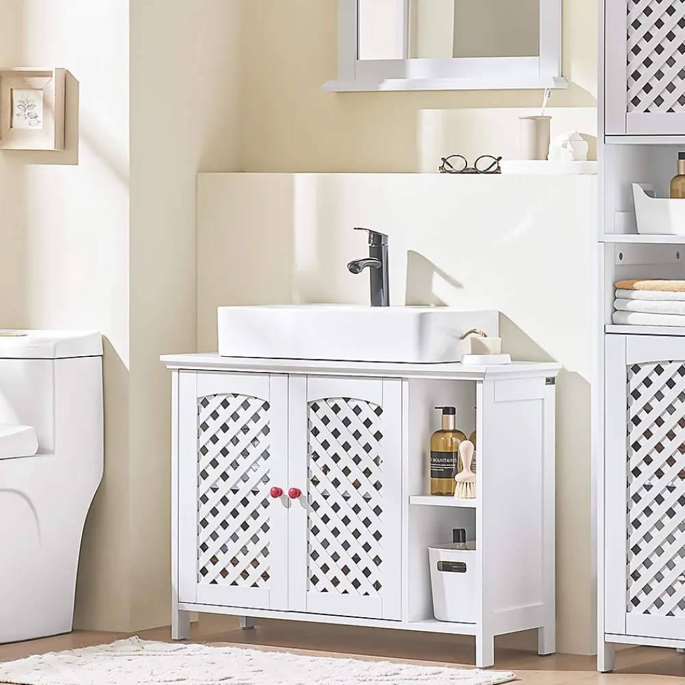 Sobuy Meuble de Salle de Bain sous Lavabo 2 Portes avec Niche et Étagère Réglable en MDF Blanc