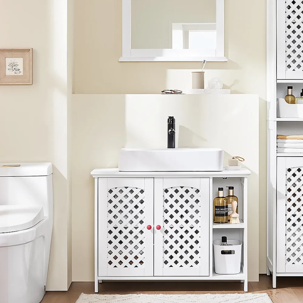 Sobuy Meuble de Salle de Bain sous Lavabo 2 Portes avec Niche et Étagère Réglable en MDF Blanc