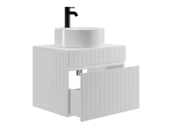 Meuble Vasque|Vente-unique Meuble de salle de bain suspendu strié blanc avec vasque ronde à poser - 60 cm - SATARA