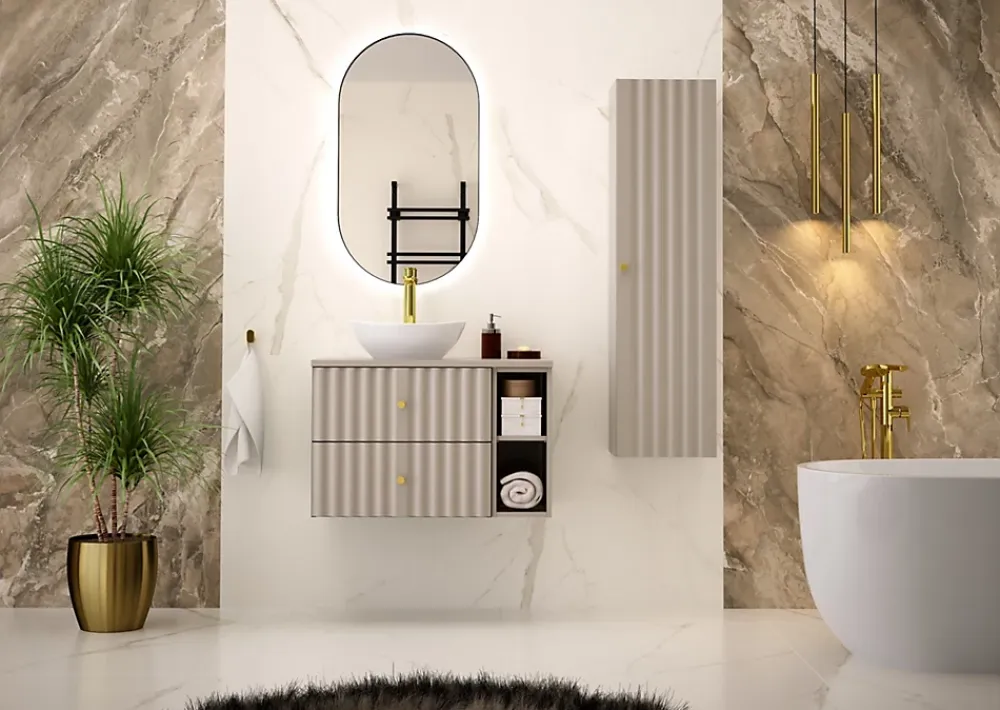 Meuble Sous Lavabo|Furnidea Meuble de salle de bain sous vasque suspendu AQUA cachemire 60 cm façades rainurées