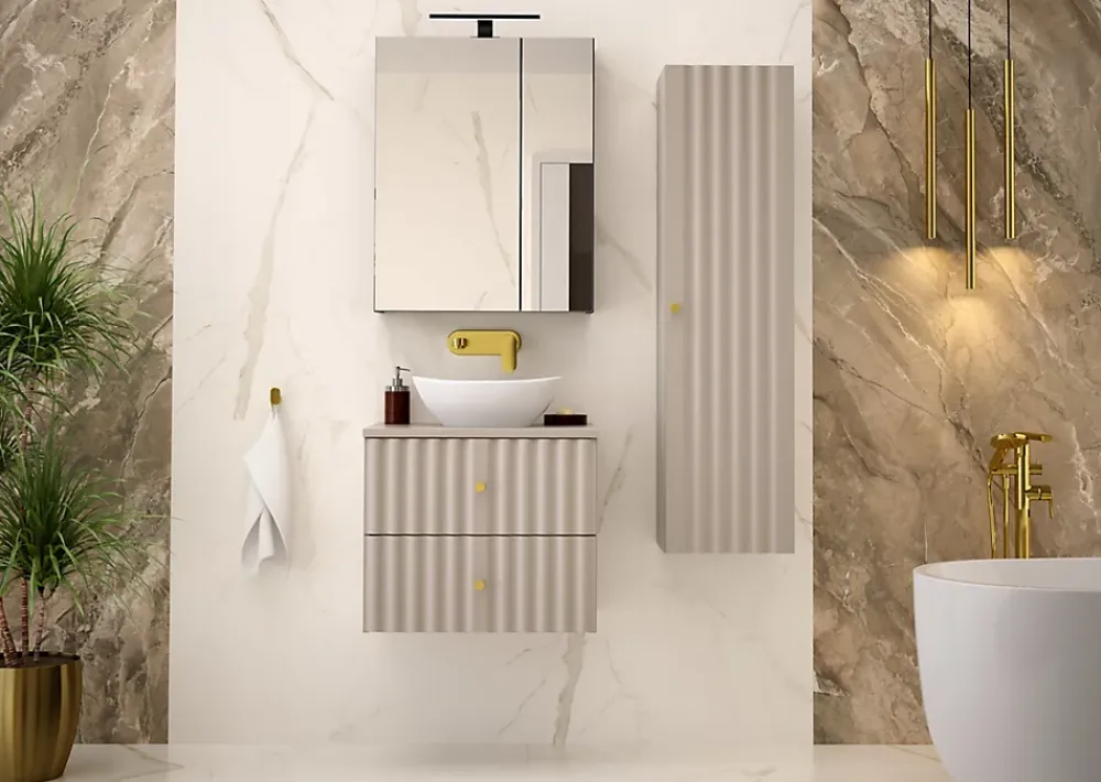 Meuble Sous Lavabo|Furnidea Meuble de salle de bain sous vasque suspendu AQUA cachemire 60 cm façades rainurées