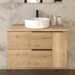 Meuble Vasque|Cosyneo Meuble de salle de bain sans miroir avec vasque à poser ronde KING - Roble (chêne clair) - 80cm